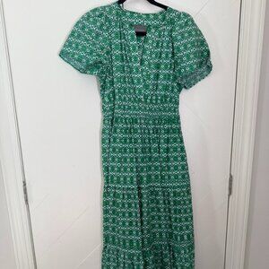 Anthropologie Sommerset Maxi Dress Green/White Medallion AOP Boho Cotton Sz XS